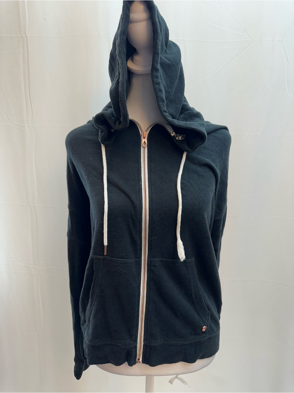 Volcom Black  Zip-Up Hoodie with White Drawstrings XS